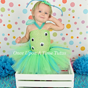 May include: A green and blue tulle tutu with a green crocheted top featuring large black eyes. The tutu is worn by a young child with a blue headband and is sitting on a white wooden crate. The background is a white wall with colorful polka dots.