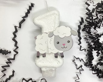 White Sheep Birthday Candle, Farm Theme Party Decor, Kids Custom Party Decor, Sparkly Number Cake Topper, Keepsake Candle, Party Supplies