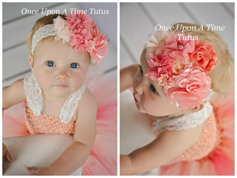 Coral Pink Spring Shabby Flower Newborn Headband HairBow Baby Girl Hair Bow