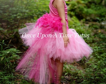 May include: A young girl wearing a pink tutu with a long train and a pink feather boa. The tutu is layered and has a pink and white ombre effect. The girl is wearing a pink tank top and has pink feathers in her hair. The text "Once Upon A Time Tutus" is visible in the image.