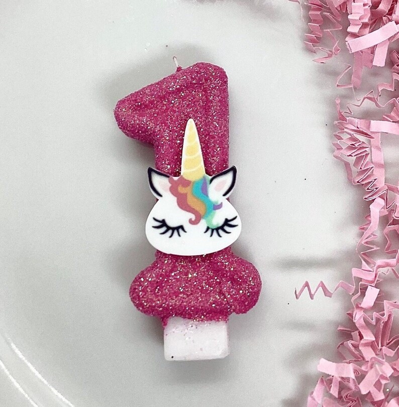 Unicorn Birthday Candle, Hot Pink Party Decor, Bright Rainbow Party Decor, Sparkly Number Cake Topper, Keepsake Candle, Party Supplies image 1