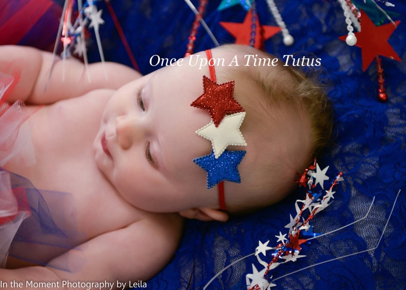 Red White and Blue Glitter Star Headband Independence Day Photo Prop Newborn Infant Hairbow Baby Child Girls Hair Bow Patriotic Bow image 1