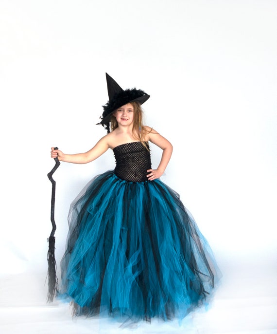 Witch Halloween Costume, Girls Witch Costume, Kids Floor Length Tutu Dress, Long Tulle Gown, Child Black Bright Blue, Childrens Witch Dress