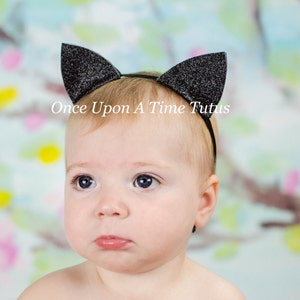 Black Glitter Kitty Cat Ears Headband - Halloween Animal Hard Hairband - Little Girls Child Teen Adult Ladies Woman Size - Cosplay Accessory