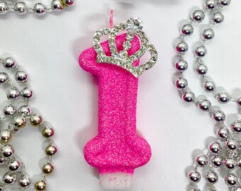 Candela di compleanno con corona principessa rosa acceso, decorazione glitterata per tiara per ragazze, decorazione per torta con numeri fantasia, candela ricordo scintillante, forniture per feste di lusso