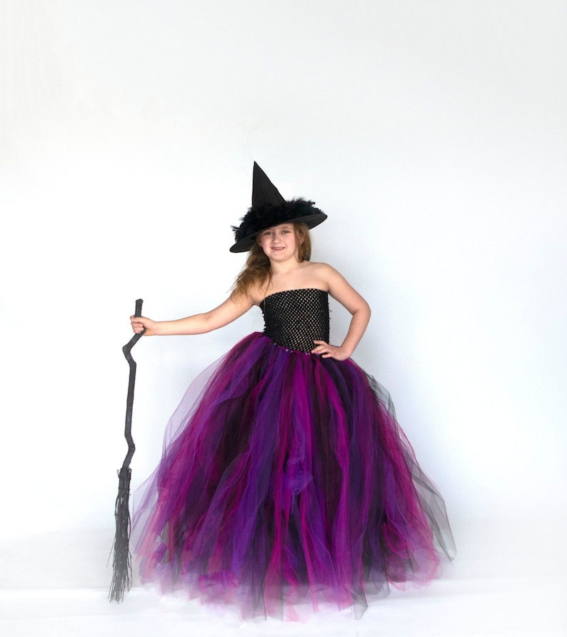 Disfraz de bruja para Halloween, disfraz de bruja para niñas, vestido tutú largo hasta el suelo para niñas, vestido largo de tul, negro, rosa fucsia y morado para niñas, bruja infantil imagen 2