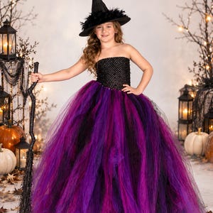 Disfraz de bruja para Halloween, disfraz de bruja para niñas, vestido tutú largo hasta el suelo para niñas, vestido largo de tul, negro, rosa fucsia y morado para niñas, bruja infantil imagen 1
