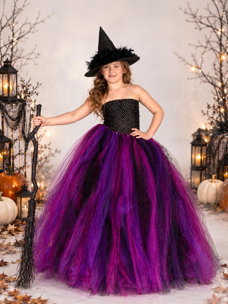 Disfraz de bruja para Halloween, disfraz de bruja para niñas, vestido tutú largo hasta el suelo para niñas, vestido largo de tul, negro, rosa fucsia y morado para niñas, bruja infantil imagen 1