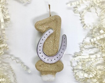 Horseshoe Birthday Candle, Kids Rodeo Party Decor, Glitter Birthday Candle, One Sparkly Number Cake Topper, Ranch Keepsake Candle Supplies