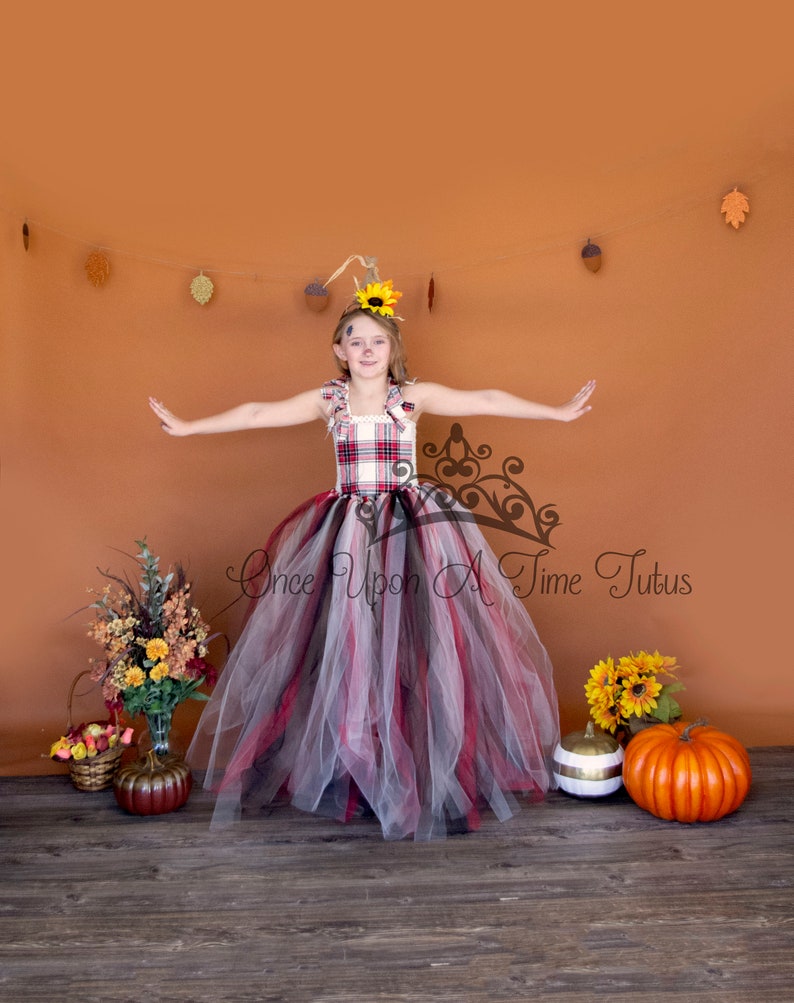 Halloween Costume Theme Deluxe Kids Girls Size 18 12 Months 2T 3T 4T 5 6 7 8 10 12 14 Red Black Ivory Plaid Scarecrow Long Tutu Dress