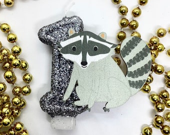 Raccoon Birthday Candle, Woodland Critter Party Decor, One Kids Glitter Candle, Sparkly Number Cake Topper, Keepsake Candle, Party Supplies