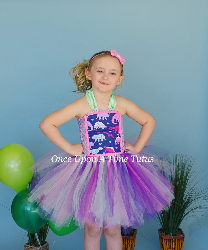 Kids Pink Purple Mint Green Dino Print Deluxe Tulle Dress Outfit Girly Dinosaur Tutu Dress Little Girls Size 6 12 Months 2T 3T 4 5 6 7 8