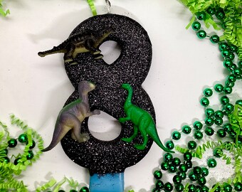 Dinosaur Birthday Candle, Kids Dino Party Decor, Boys Birthday, Sparkly Number Cake Topper, Keepsake Candle, Party Supplies, Large