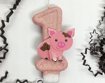 Pig Birthday Candle, Piggy Party Decorations, Farm Theme Glitter Candle, Sparkly Number Cake Topper, One Keepsake Candle, Kid Party Supplies