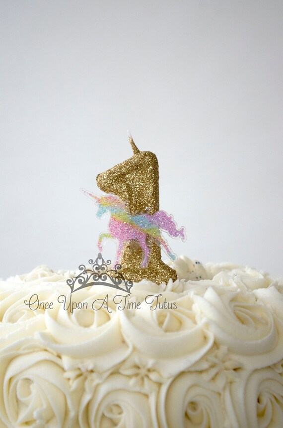 Gold Glitter Pastel Rainbow Unicorn Horse Birthday Candle , Party Decor Supplies Sparkly Sparkle Cake Topper Keepsake , Standard Size