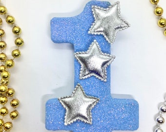 Blue Silver Star Birthday Candle, Twinkle Little Galaxy Large Sparkly Number Cake Topper, Keepsake Candle, Party Supplies, Big 5 Inch Candle