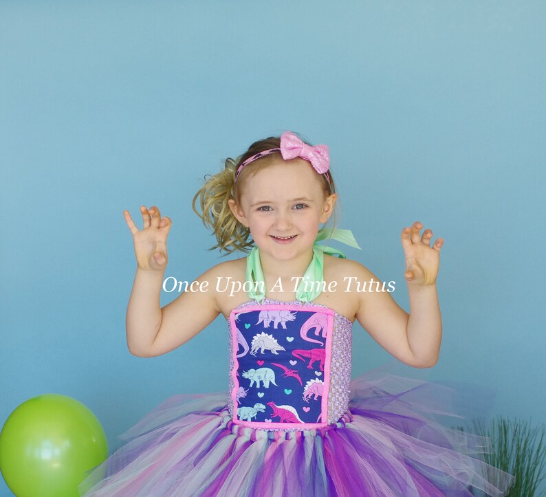 Kids Pink Purple Mint Green Dino Print Deluxe Tulle Dress Outfit Girly Dinosaur Tutu Dress Little Girls Size 6 12 Months 2T 3T 4 5 6 7 8