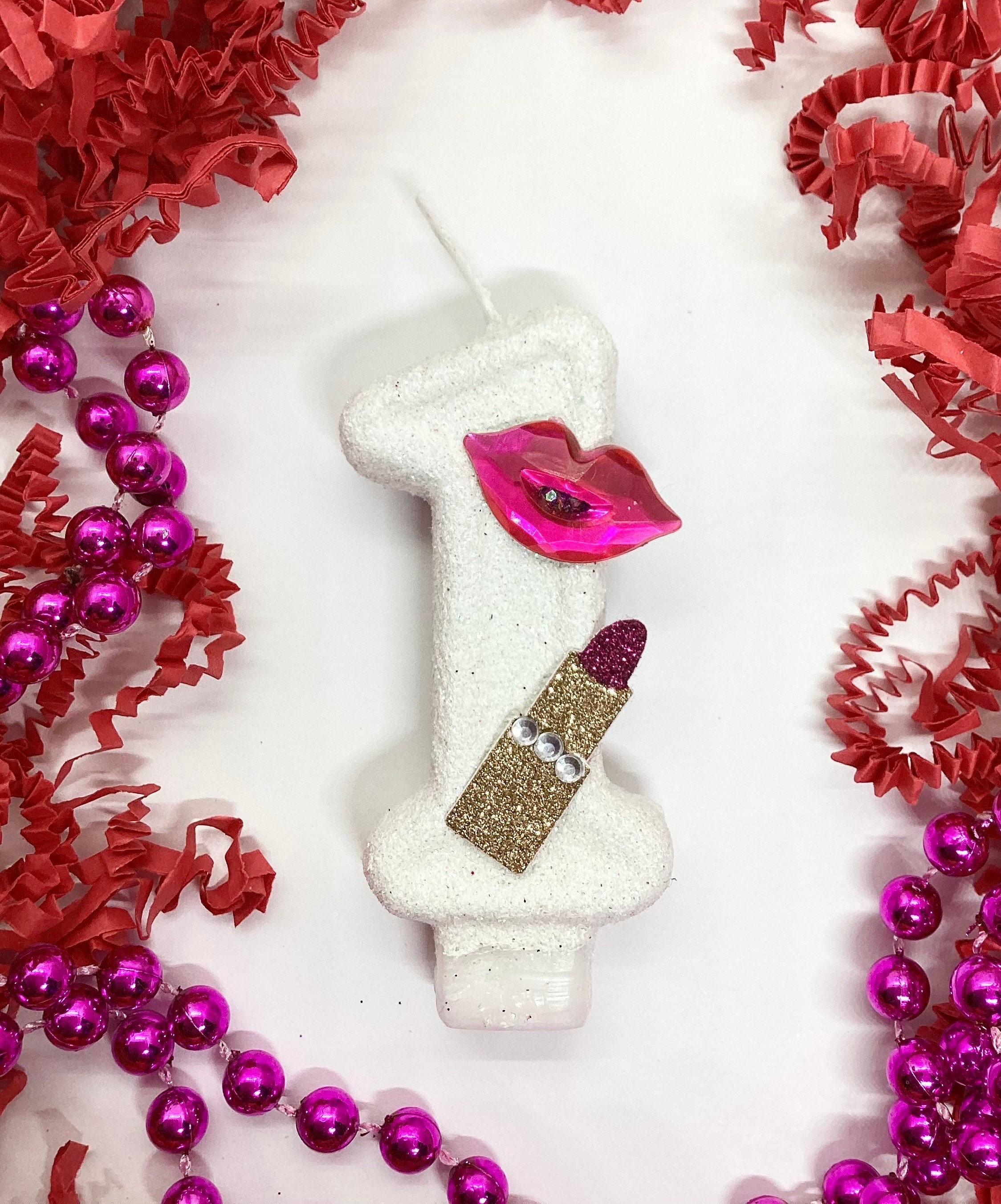 Lipstick Birthday Candle, Girls Diva Party Decor, Makeup Party Decor, Sparkly Number Cake Topper, One Keepsake Candle, Kids Party Supplies