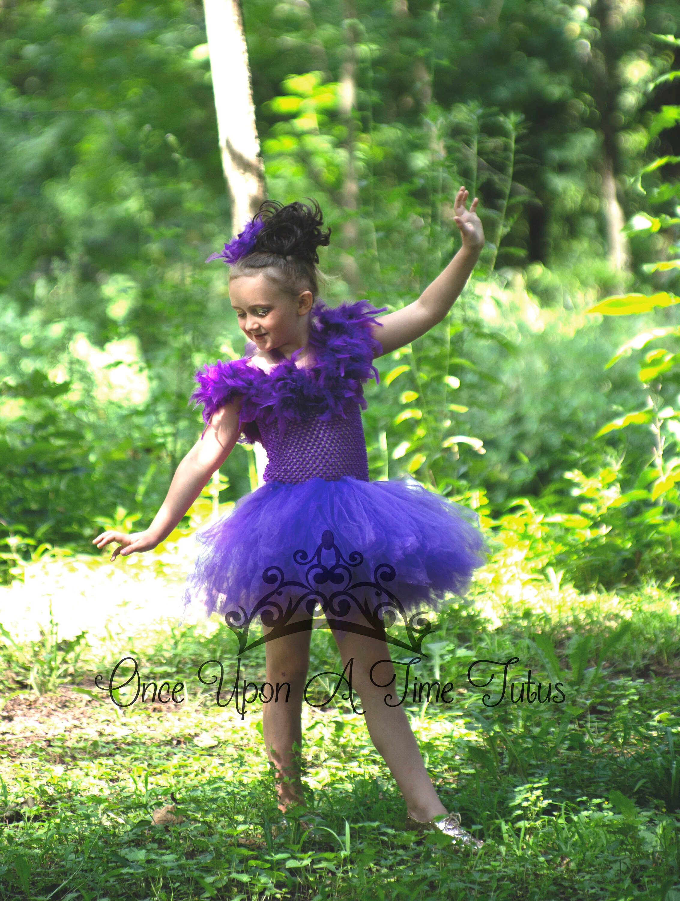 purple dress with feathers