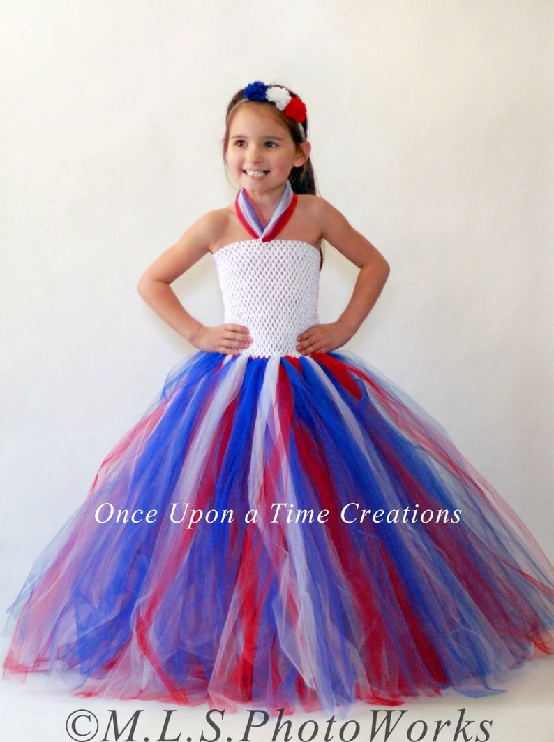 Red White Blue Tutu Dress, Patriotic Dress, 4th of July, Girls American Flag Dress, Kids Halloween Costume, Floor Length, Long Tulle Gown 