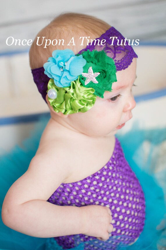 Purple Mermaid Shabby Flower Headband Baby Girl Hair Red Green Bow Hairbow