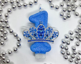 Candela di compleanno con corona principessa blu, decorazione per feste con glitter per tiara per ragazze, decorazione per torta con numeri fantasia, candela ricordo per un bambino, forniture di lusso