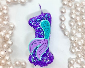 Mermaid Tail Birthday Candle, Girls Party Decor, Blue Purple Glitter Candle, One Sparkly Number Cake Topper, Keepsake Candle, Party Supplies