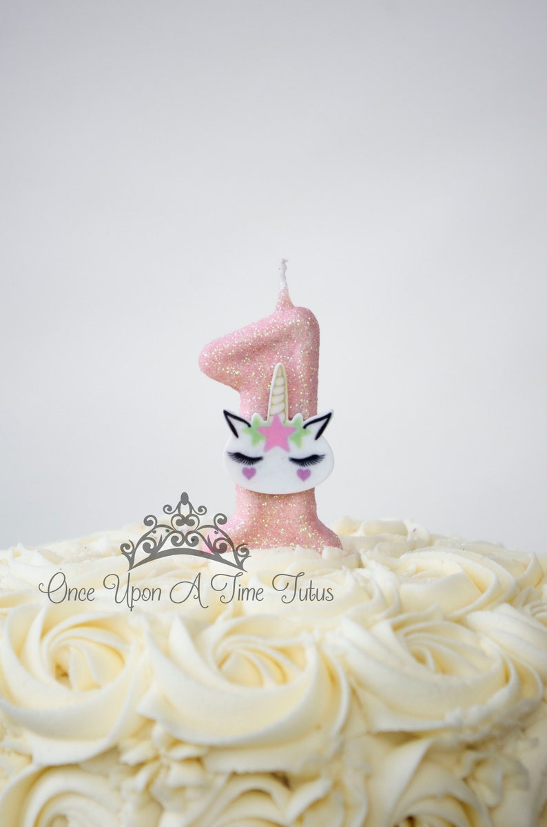 Unicorn Birthday Candle, Light Pink Party Decor, Pink Green Star Party Decor, Sparkly Number Cake Topper, Keepsake Candle, Party Supplies image 2