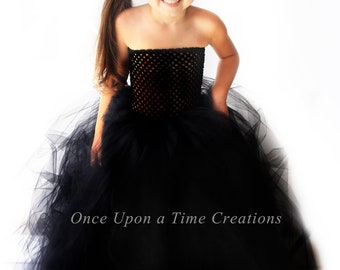 Black Tutu Dress, Witch Halloween Costume, Girls Flower Girl Dress, Floor Length, Long Tulle Gown, Zombie Costume, Solid Black Tutu Dress