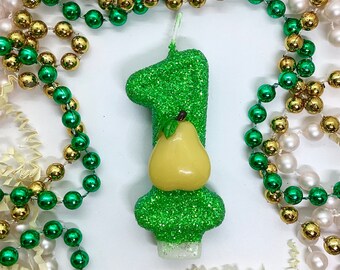 Bougie d'anniversaire poire, décoration de fête vert jaune, décoration de fête fruitée, décoration de gâteau scintillante avec chiffres, bougie souvenir enfant, articles de fête pour filles