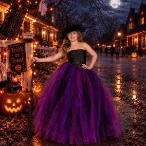 Disfraz de bruja para Halloween, disfraz de bruja para niñas, vestido tutú largo hasta el suelo para niñas, vestido largo de tul, negro, rosa fucsia y morado para niñas, bruja infantil imagen 3