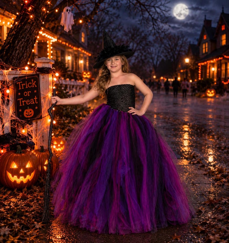 Disfraz de bruja para Halloween, disfraz de bruja para niñas, vestido tutú largo hasta el suelo para niñas, vestido largo de tul, negro, rosa fucsia y morado para niñas, bruja infantil imagen 3