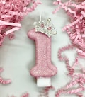 Princess Birthday Candle, Pink Glitter Candle, Silver Tiara, Crown, Party Decor, Sparkly Number Cake Topper, Keepsake Candle, Party Supplies