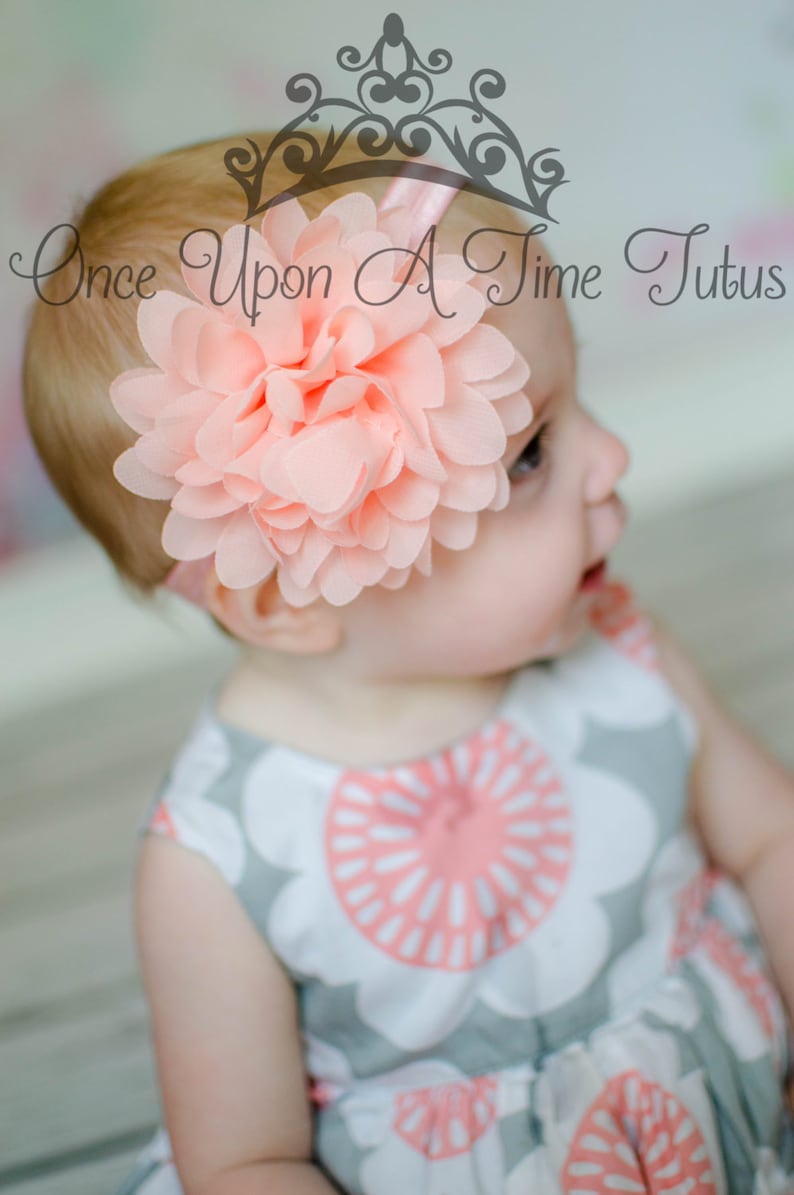 Coral Pink Spring Shabby Flower Newborn Headband HairBow Baby Girl Hair Bow
