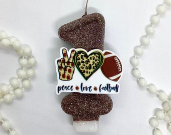 Football Birthday Candle, Sports Ball Party Decor, Kids Fancy Glitter Number Cake Topper, One Keepsake Candle, Party Supplies, Peace Love