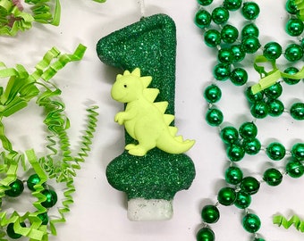 Dinosaur Birthday Candle, Green Dino Party Decor, Baby Boys Party Decor, Sparkly Number Cake Topper, Keepsake Candle, Kids Party Supplies