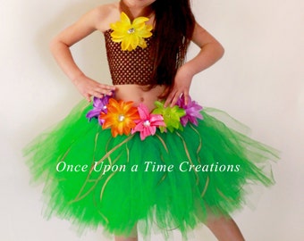 Hawaiian Luau Tutu, Hula Grassrock, Tutu-Kleiderset, Pool-Party-Geburtstags-Outfit, Halloween-Kostüm, Kinderkostüm, kleines Mädchen Polynesier