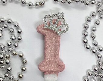 Bougie d'anniversaire couronne de princesse rose, décoration de diadème pailleté pour fille, décoration de gâteau avec chiffres fantaisie, bougie souvenir scintillante, articles de fête de luxe