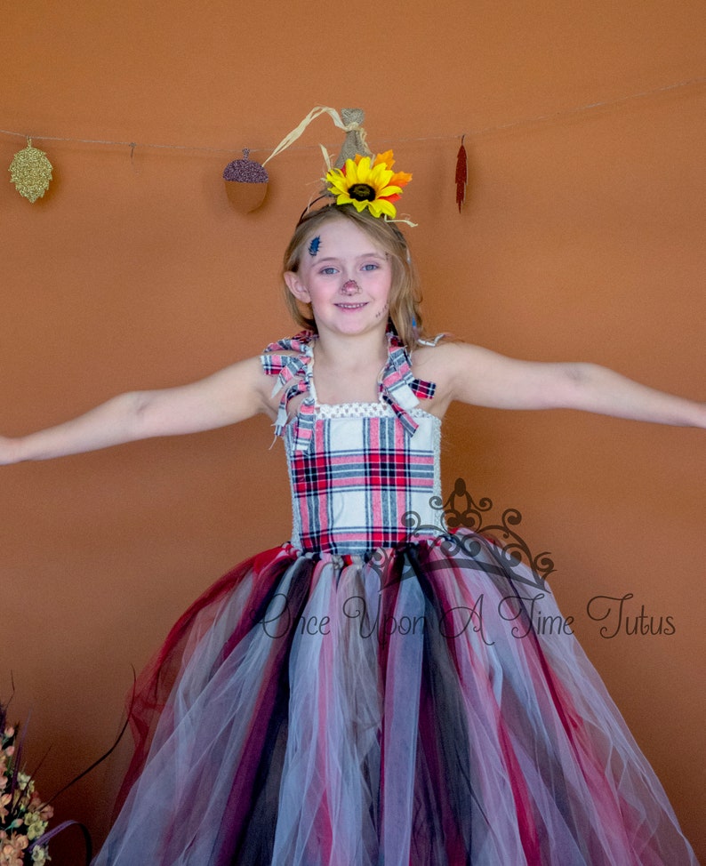 Halloween Costume Theme Deluxe Kids Girls Size 18 12 Months 2T 3T 4T 5 6 7 8 10 12 14 Red Black Ivory Plaid Scarecrow Long Tutu Dress