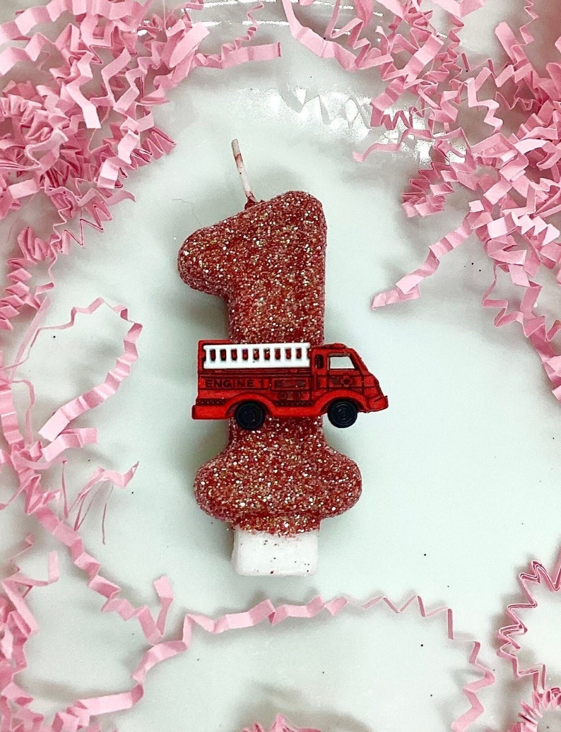 Firetruck Birthday Candle, Fire Truck Party Decor, Firefighter, One, Sparkly Number Cake Topper, Keepsake Candle, Party Supplies, Boys image 1