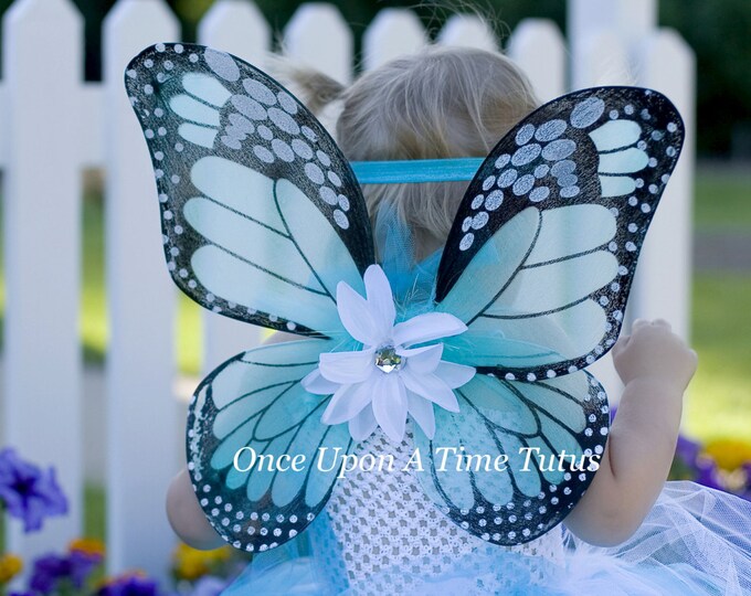 Aqua Blue Monarch Butterfly Wings White Flower Embellished Butterfly Costume Fairy Halloween