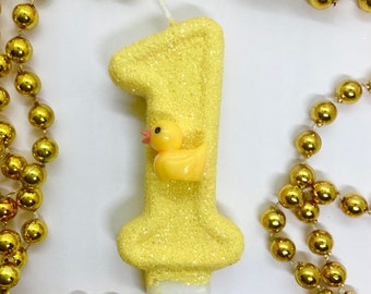 Rubber Duck verjaardagskaars, Yellow Ducky Girls Party Decor, Baby Boys Sparkly Number Cake Topper, One Keepsake Candle, Kids Party Supplies