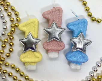 Zilveren ster verjaardagskaars, fancy meisjes feestdecor, één glitter verjaardagskaars, kinderen sprankelende nummer taart topper, aandenken kaars benodigdheden