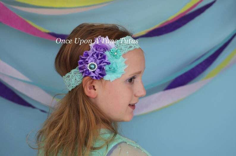 Mint Ivory Shabby Flower Lace Wedding Dressy Headband Baby Girl Bow Hairbow
