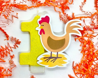 Chicken Birthday Candle, Farm Party Decorations, Boys Farmer Theme Glitter Candle, Sparkly Number Cake Topper, One Keepsake Candle Supplies