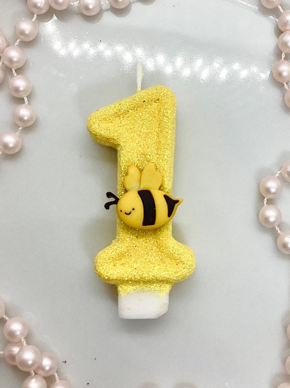Bee Birthday Candle, Bumblebee Party Decor, Bumble Bee Party Decor, Sparkly Number Cake Topper, Keepsake Candle, Party Supplies, Bee Candle