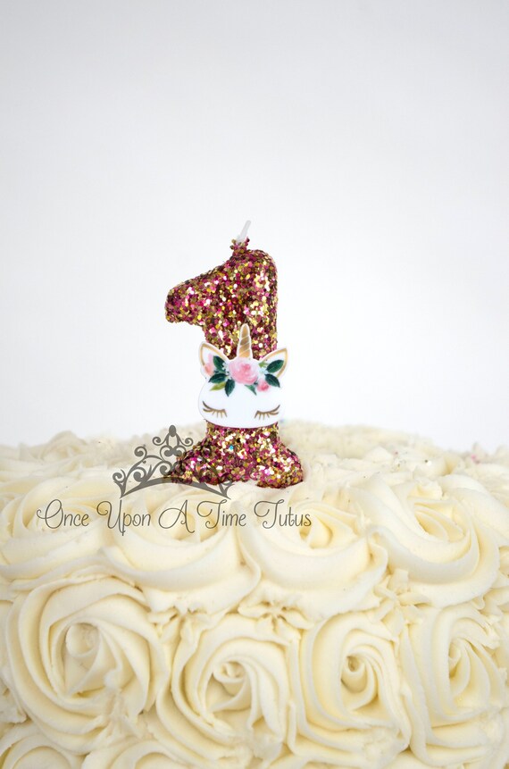 Pink Gold Glitter Pastel Rainbow Unicorn Horse Birthday Candle , Party Decor Supplies Sparkly Sparkle Cake Topper Keepsake , Standard Size