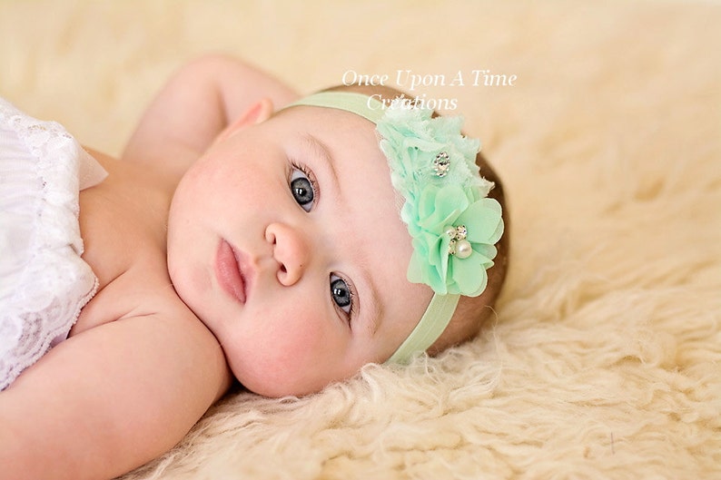 Coral Mint Ivory Spring Flower Bow Newborn Toddler Headband Baby Girl HairBow