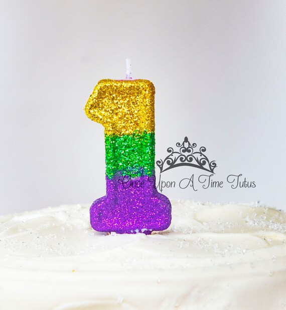 Mardi Gras Birthday Candle Mardi Gras Party Decor Party Supplies Sparkly Number Cake Topper Keepsake Candle Purple Green Gold Glitter