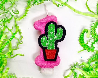 Cactus Birthday Candle, Fiesta Party Decor, Southwestern, 1st Birthday Decor, Sparkly Number Cake Topper, Keepsake Candle, Party Supplies